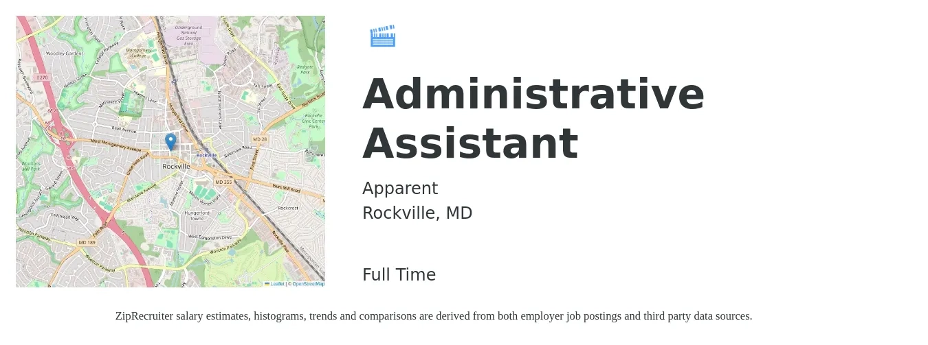Apparent job posting for a Administrative Assistant in Rockville, MD with a salary of $18 to $25 Hourly with a map of Rockville location.