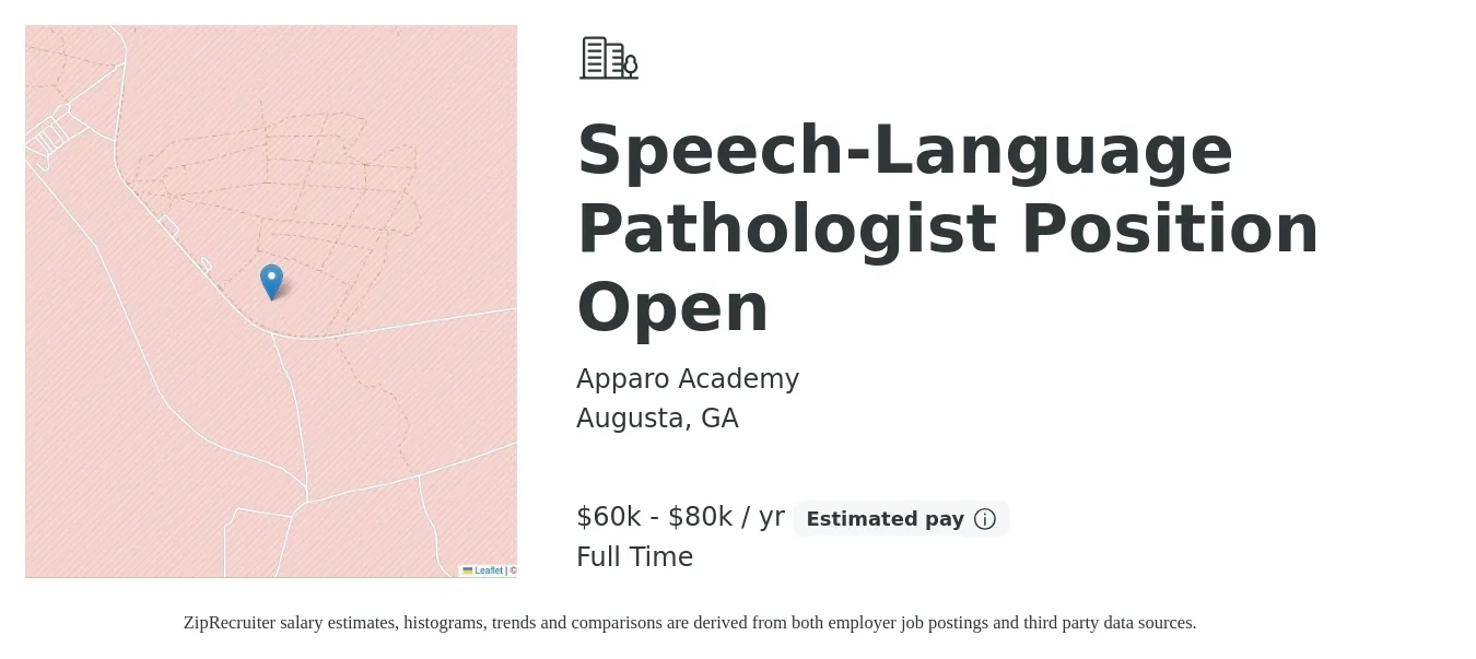 Apparo Academy job posting for a Speech-Language Pathologist Position Open in Augusta, GA with a salary of $60,000 to $80,000 Yearly with a map of Augusta location.