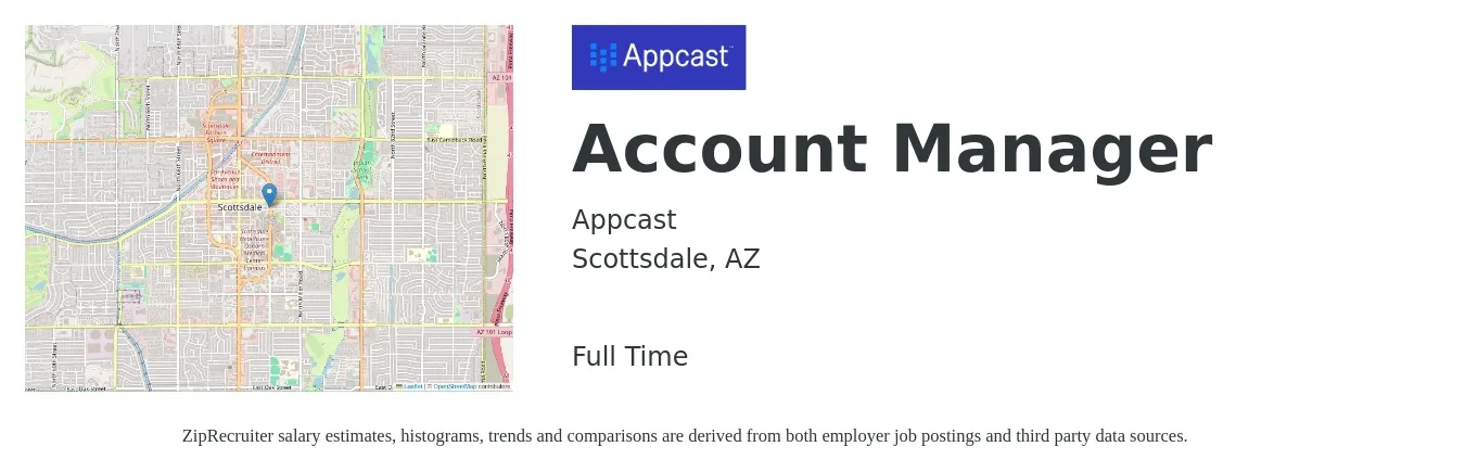 Appcast job posting for a Account Manager in Scottsdale, AZ with a salary of $47,900 to $78,400 Yearly with a map of Scottsdale location.
