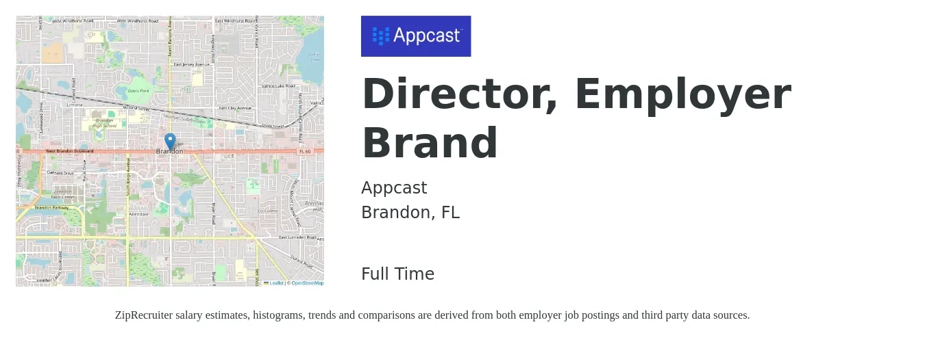 Appcast job posting for a Director, Employer Brand in Brandon, FL with a salary of $72,600 to $167,400 Yearly with a map of Brandon location.