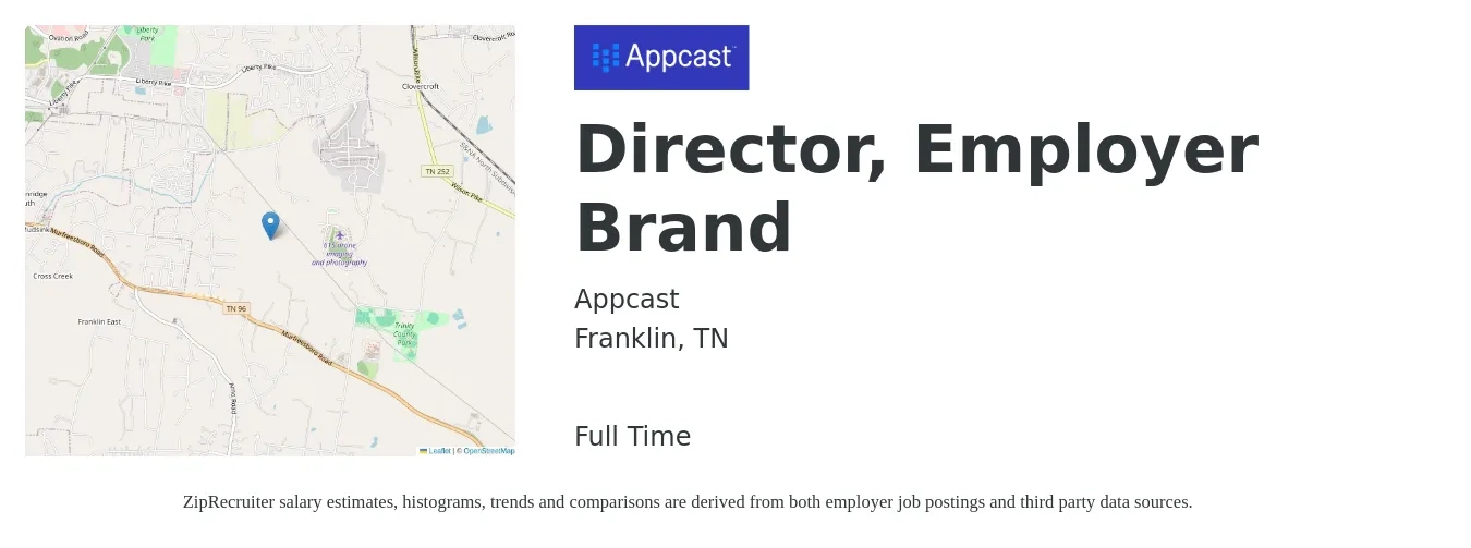 Appcast job posting for a Director, Employer Brand in Franklin, TN with a salary of $79,000 to $182,200 Yearly with a map of Franklin location.