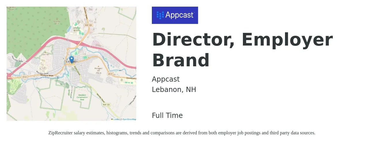 Appcast job posting for a Director, Employer Brand in Lebanon, NH with a salary of $89,700 to $206,800 Yearly with a map of Lebanon location.