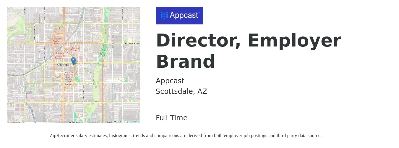 Appcast job posting for a Director, Employer Brand in Scottsdale, AZ with a salary of $79,900 to $184,200 Yearly with a map of Scottsdale location.