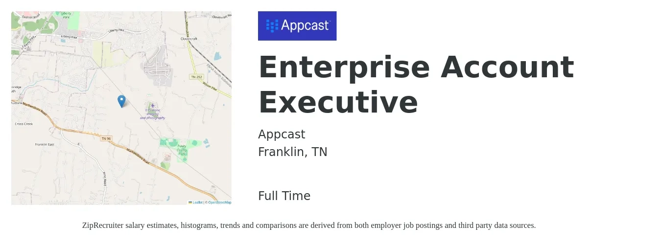 Appcast job posting for a Enterprise Account Executive in Franklin, TN with a salary of $79,000 to $133,300 Yearly with a map of Franklin location.