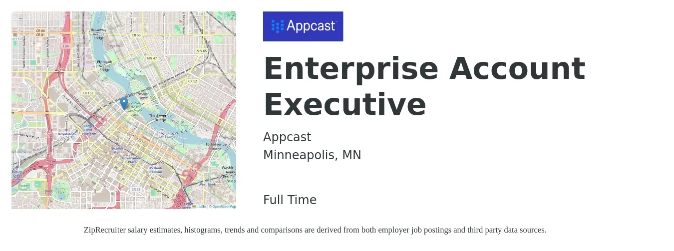 Appcast job posting for a Enterprise Account Executive in Minneapolis, MN with a salary of $83,500 to $140,900 Yearly with a map of Minneapolis location.