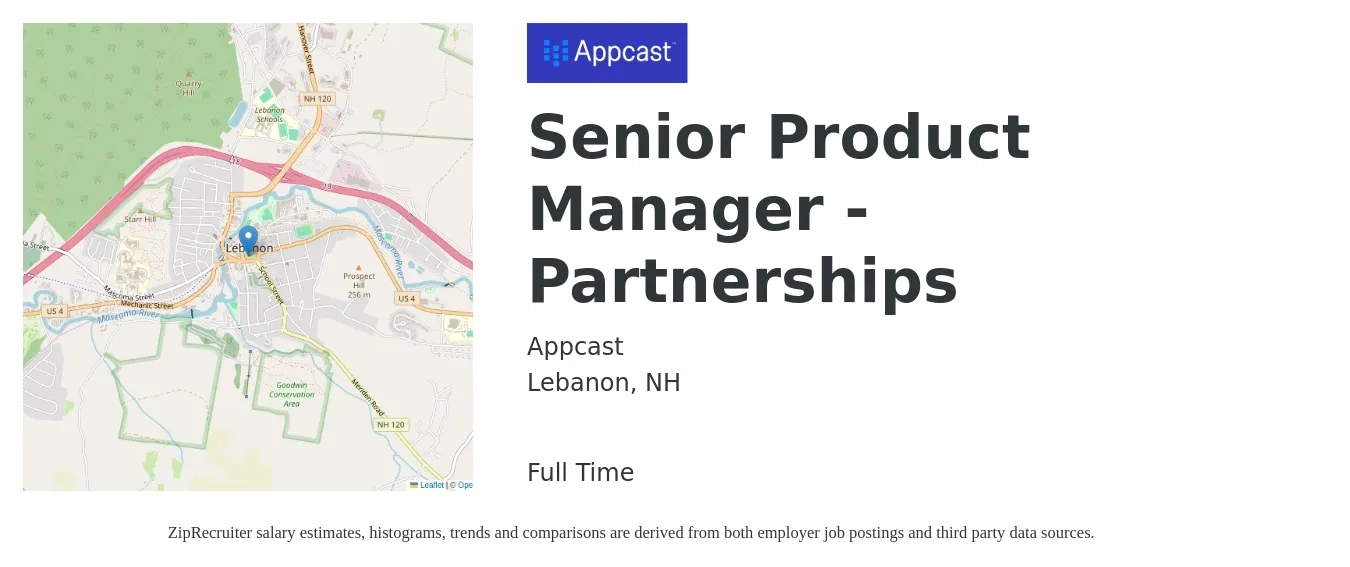 Appcast job posting for a Senior Product Manager - Partnerships in Lebanon, NH with a salary of $141,800 to $187,200 Yearly with a map of Lebanon location.