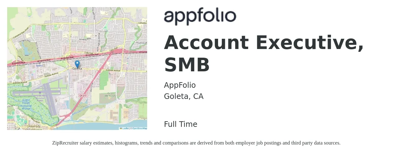 AppFolio job posting for a Account Executive, SMB in Goleta, CA with a salary of $27 to $36 Hourly with a map of Goleta location.