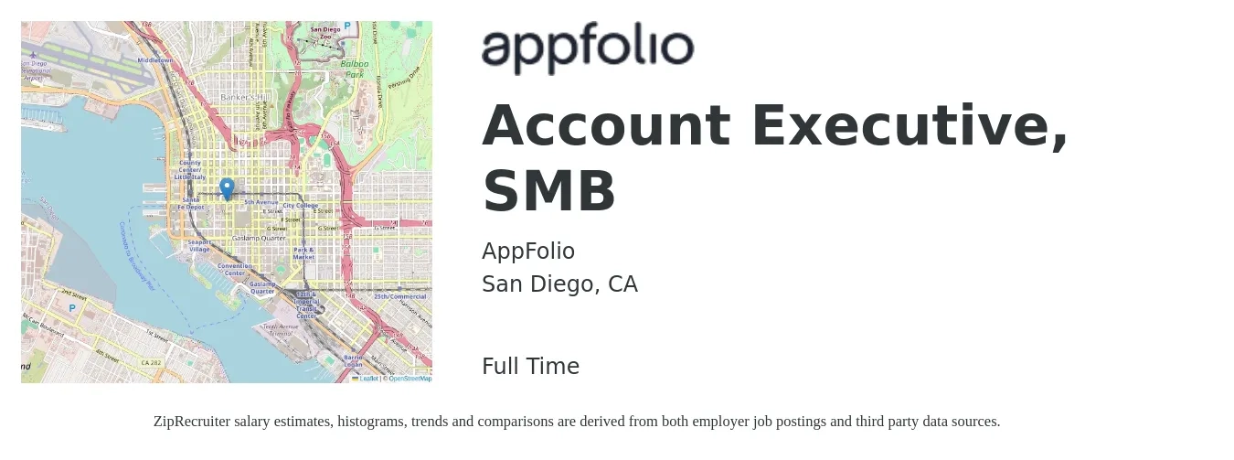 AppFolio job posting for a Account Executive, SMB in San Diego, CA with a salary of $27 to $36 Hourly with a map of San Diego location.
