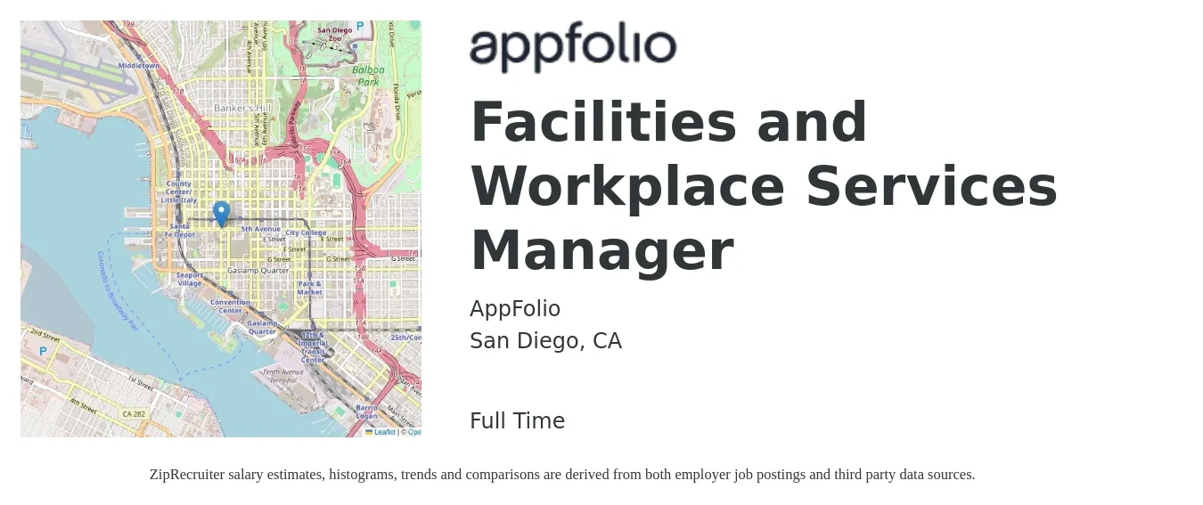 AppFolio job posting for a Facilities and Workplace Services Manager in San Diego, CA with a salary of $57,500 to $95,300 Yearly with a map of San Diego location.