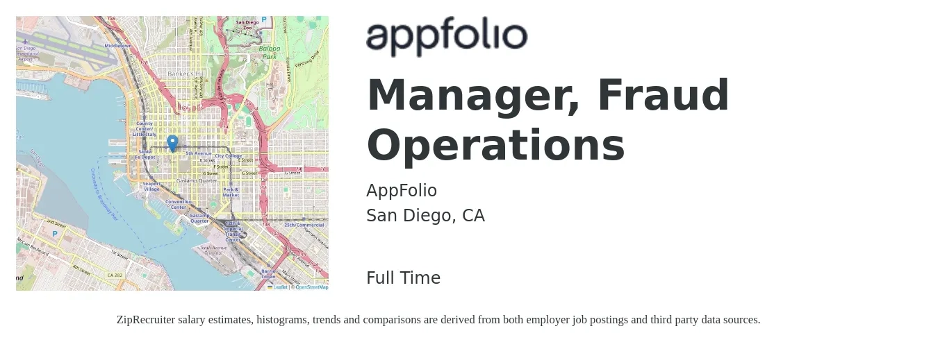 AppFolio job posting for a Manager, Fraud Operations in San Diego, CA with a salary of $108,000 to $125,000 Yearly with a map of San Diego location.