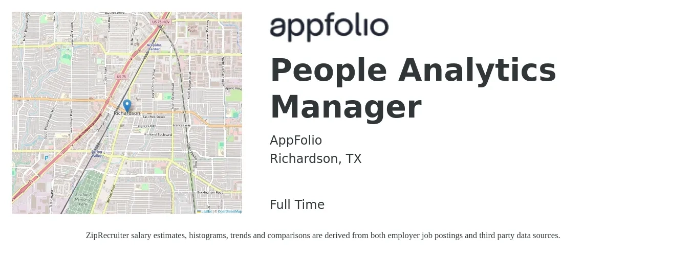 AppFolio job posting for a People Analytics Manager in Richardson, TX with a salary of $90,300 to $134,500 Yearly with a map of Richardson location.