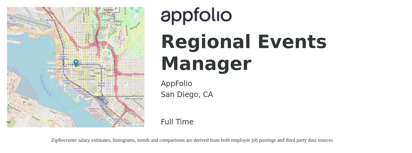 AppFolio job posting for a Regional Events Manager in San Diego, CA with a salary of $47,900 to $79,900 Yearly with a map of San Diego location.