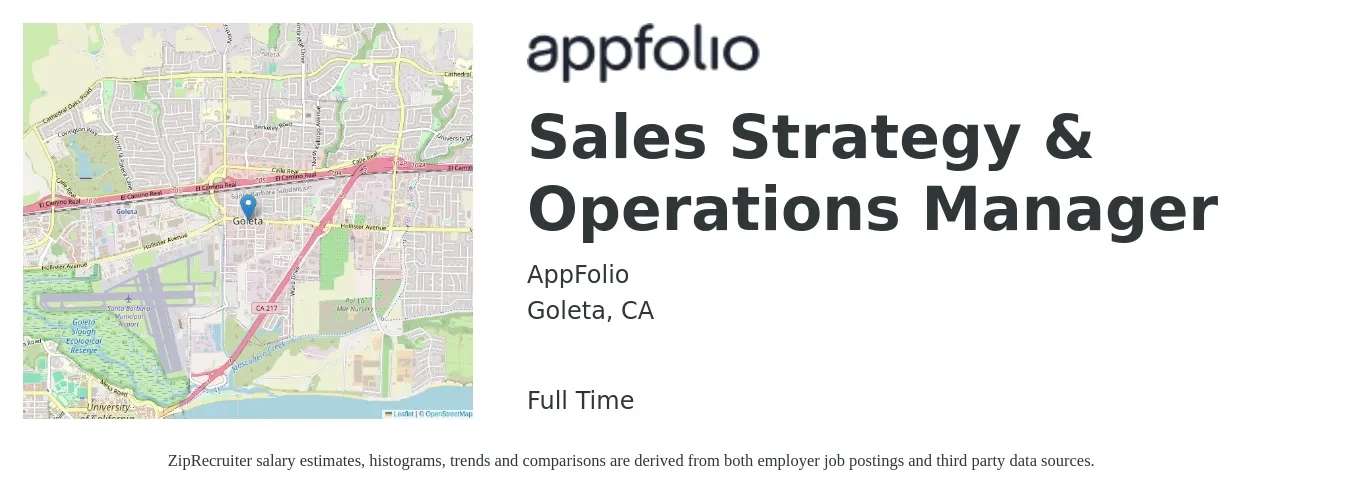 AppFolio job posting for a Sales Strategy & Operations Manager in Goleta, CA with a salary of $84,700 to $119,800 Yearly with a map of Goleta location.