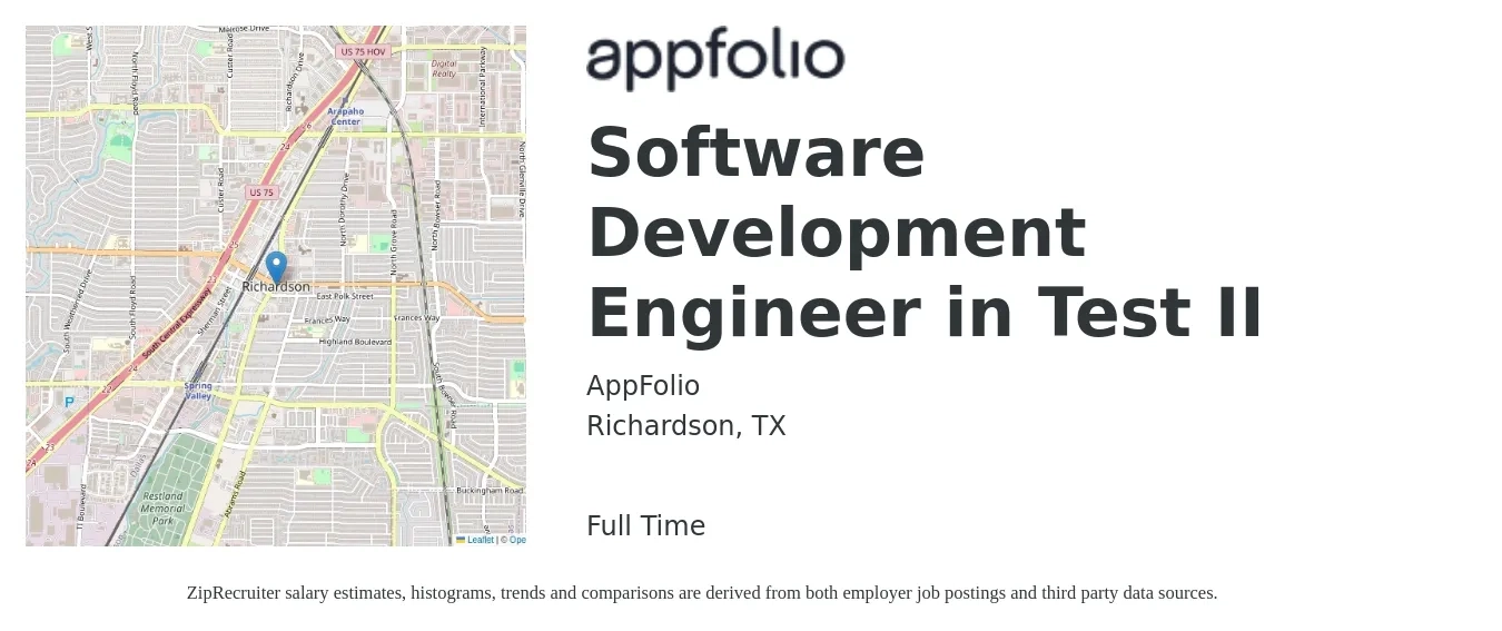 AppFolio job posting for a Software Development Engineer in Test II in Richardson, TX with a salary of $40 to $55 Hourly with a map of Richardson location.