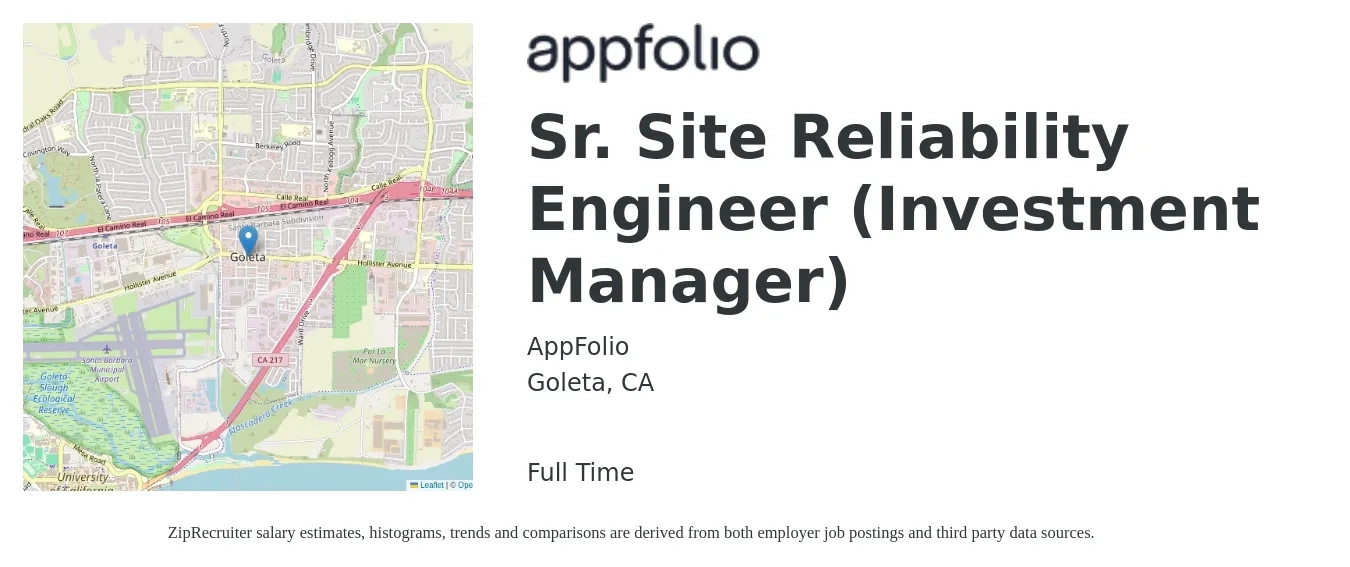 AppFolio job posting for a Sr. Site Reliability Engineer (Investment Manager) in Goleta, CA with a salary of $128,000 to $192,000 Yearly with a map of Goleta location.