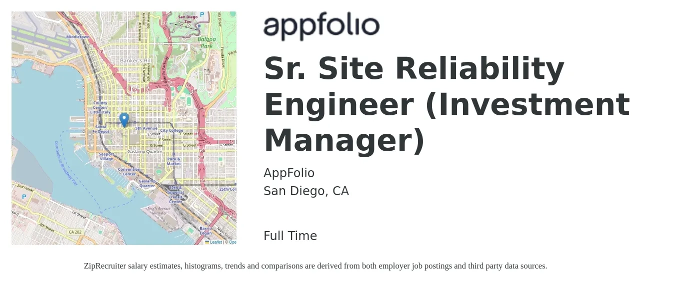 AppFolio job posting for a Sr. Site Reliability Engineer (Investment Manager) in San Diego, CA with a salary of $128,000 to $192,000 Yearly with a map of San Diego location.