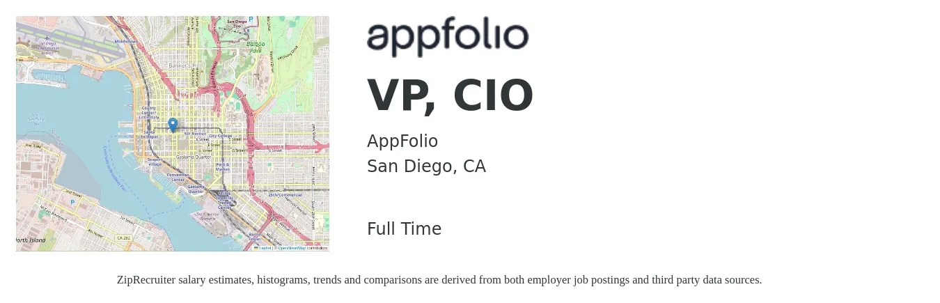 AppFolio job posting for a VP, CIO in San Diego, CA with a salary of $122,500 to $202,300 Yearly with a map of San Diego location.