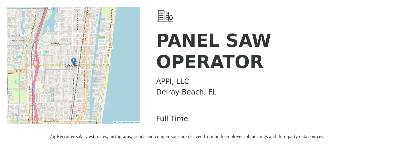 APPI, LLC job posting for a PANEL SAW OPERATOR in Delray Beach, FL with a salary of $14 to $16 Hourly with a map of Delray Beach location.