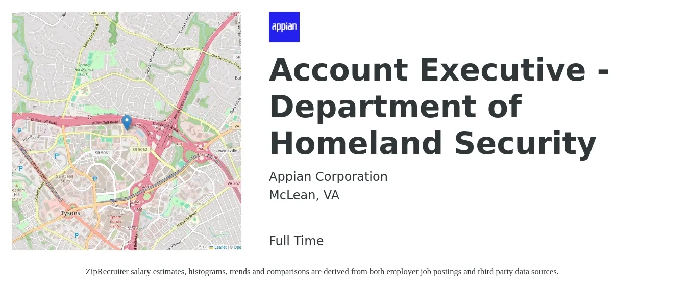 Appian Corporation job posting for a Account Executive - Department of Homeland Security in McLean, VA with a salary of $54,600 to $96,000 Yearly with a map of McLean location.