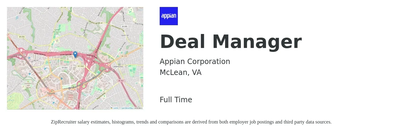 Appian Corporation job posting for a Deal Manager in McLean, VA with a salary of $75,800 to $133,900 Yearly with a map of McLean location.