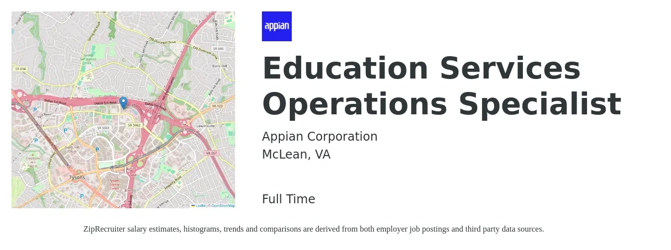 Appian Corporation job posting for a Education Services Operations Specialist in McLean, VA with a salary of $48,500 to $82,400 Yearly with a map of McLean location.