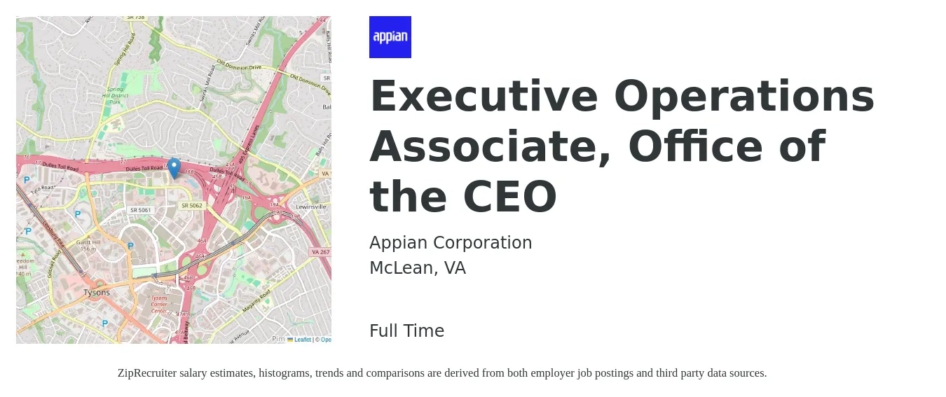 Appian Corporation job posting for a Executive Operations Associate, Office of the CEO in McLean, VA with a salary of $55,100 to $101,100 Yearly with a map of McLean location.