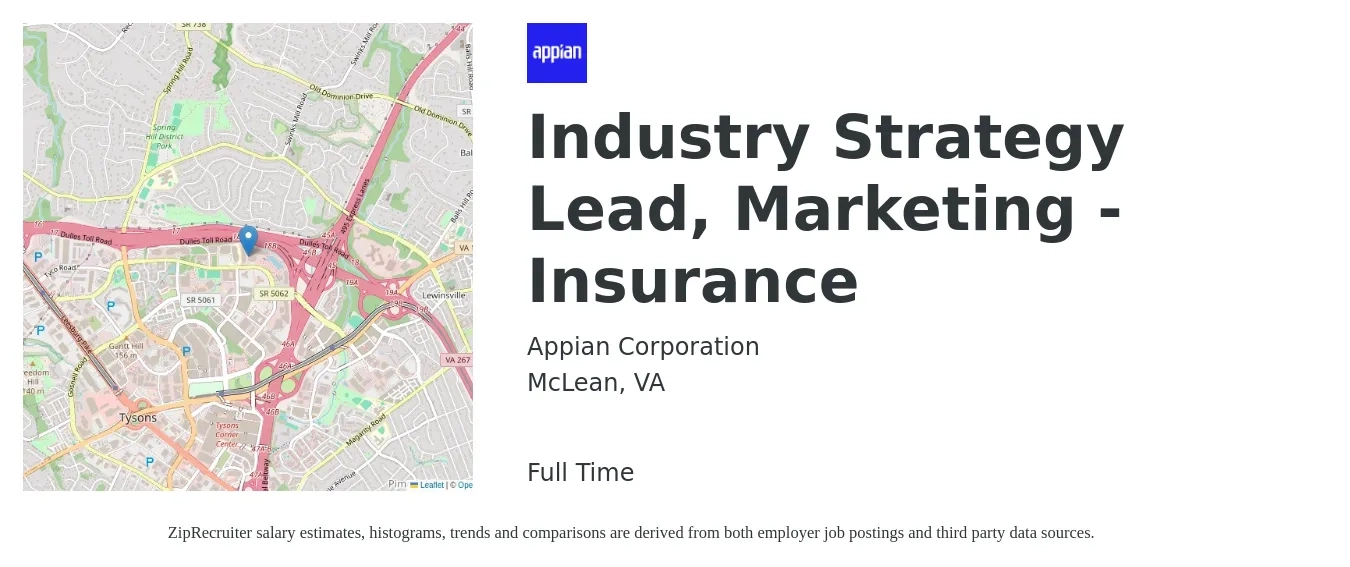 Appian Corporation job posting for a Industry Strategy Lead, Marketing - Insurance in McLean, VA with a salary of $48,500 to $141,500 Yearly with a map of McLean location.