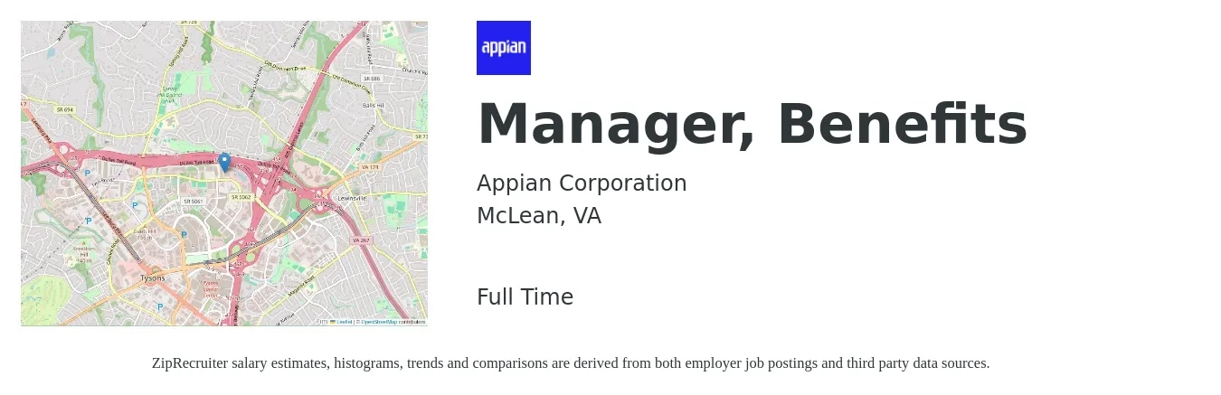 Appian Corporation job posting for a Manager, Benefits in McLean, VA with a salary of $67,200 to $105,600 Yearly with a map of McLean location.