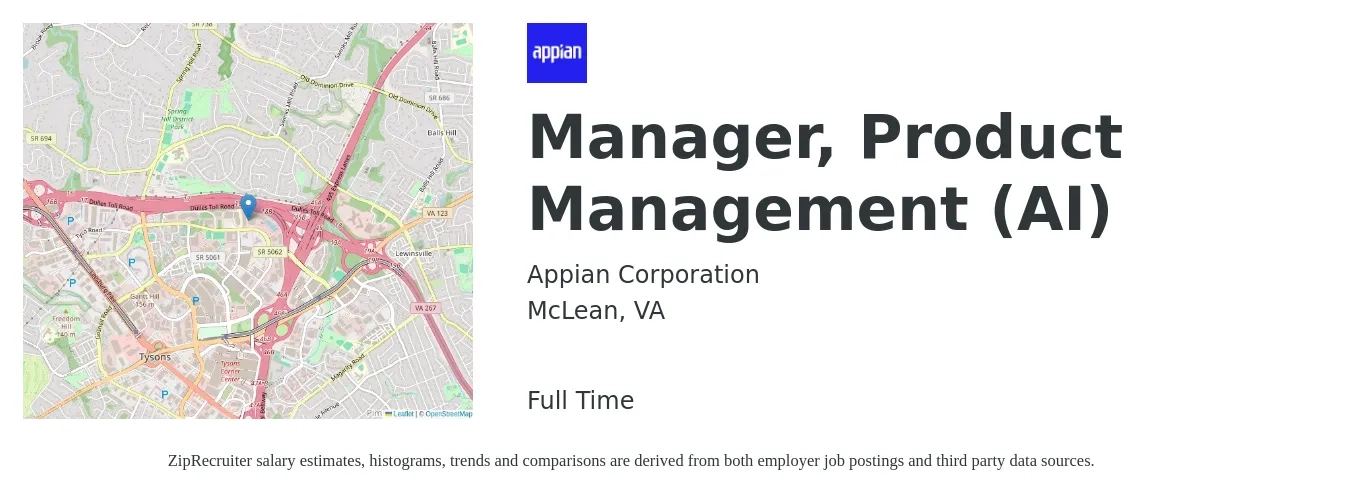 Appian Corporation job posting for a Manager, Product Management (AI) in McLean, VA with a salary of $142,500 to $199,100 Yearly with a map of McLean location.