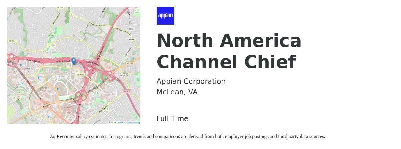 Appian Corporation job posting for a North America Channel Chief in McLean, VA with a salary of $78,800 to $125,300 Yearly with a map of McLean location.
