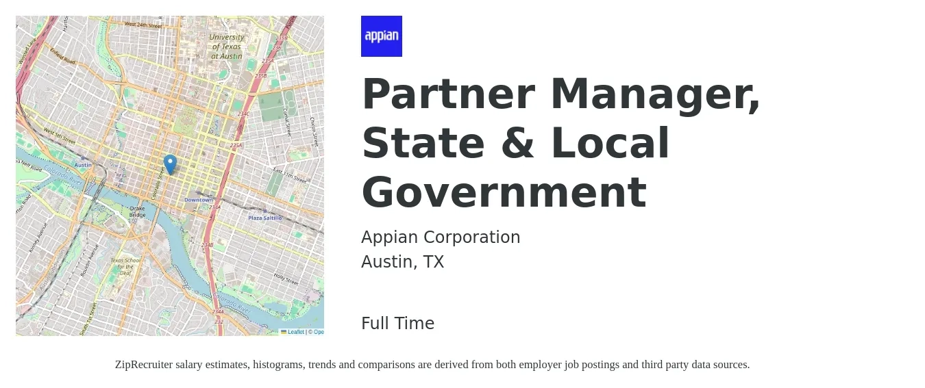 Appian Corporation job posting for a Partner Manager, State & Local Government in Austin, TX with a salary of $74,300 to $131,300 Yearly with a map of Austin location.