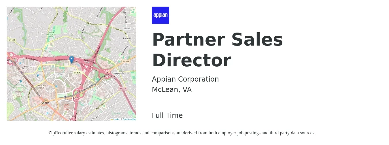 Appian Corporation job posting for a Partner Sales Director in McLean, VA with a salary of $118,800 to $142,500 Yearly with a map of McLean location.