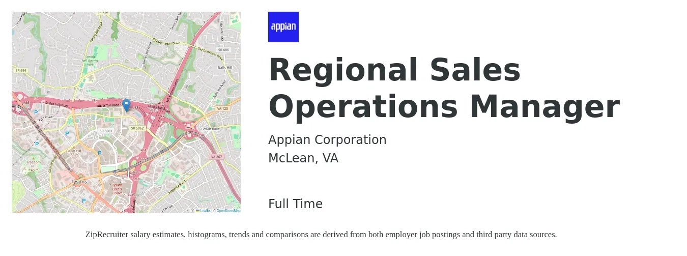 Appian Corporation job posting for a Regional Sales Operations Manager in McLean, VA with a salary of $58,600 to $104,600 Yearly with a map of McLean location.