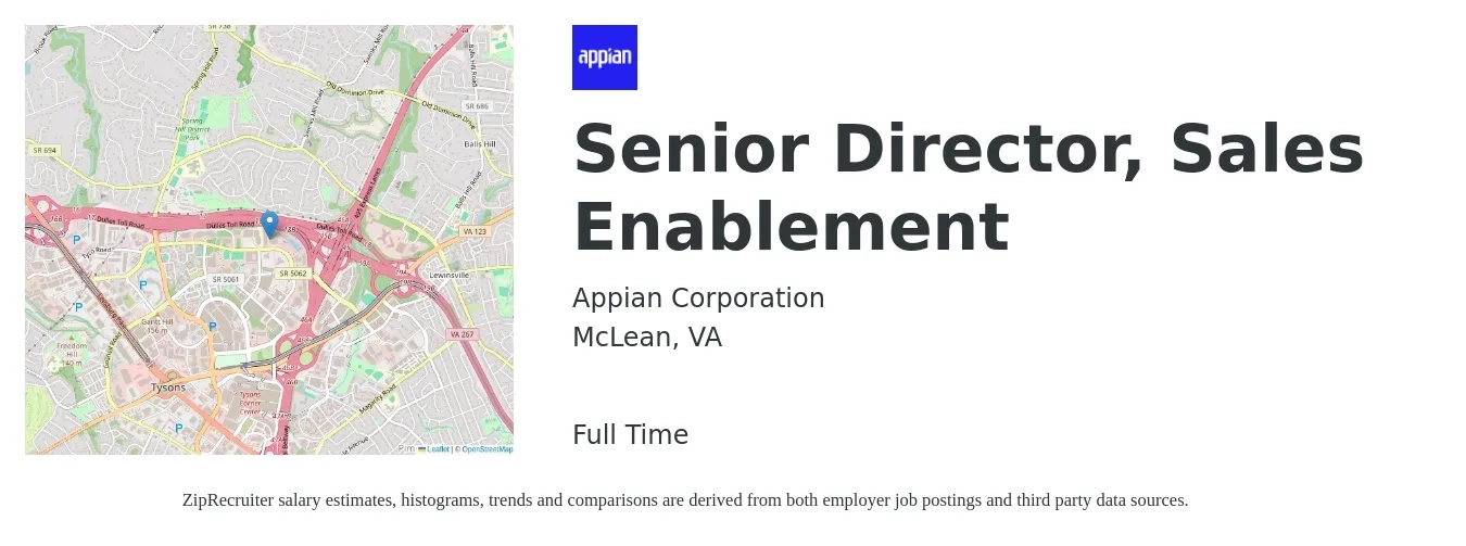 Appian Corporation job posting for a Senior Director, Sales Enablement in McLean, VA with a salary of $75,800 to $157,700 Yearly with a map of McLean location.