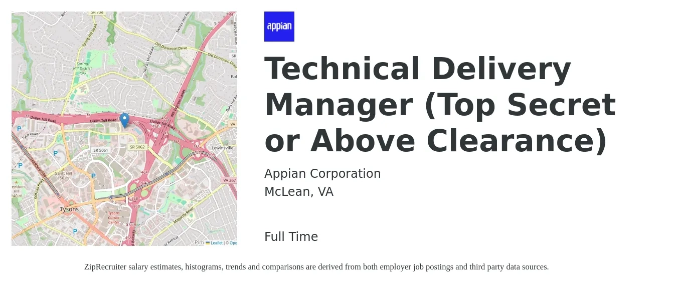 Appian Corporation job posting for a Technical Delivery Manager (Top Secret or Above Clearance) in McLean, VA with a salary of $62 to $80 Hourly with a map of McLean location.