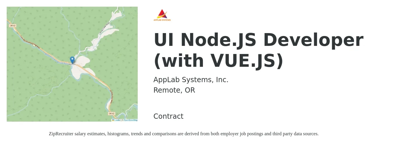 AppLab Systems, Inc. job posting for a UI Node.JS Developer (with VUE.JS) in Remote, OR with a salary of $50 to $65 Hourly with a map of Remote location.