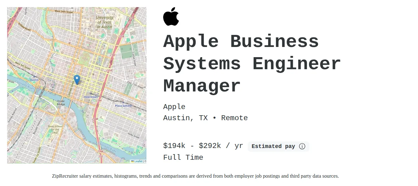 Apple job posting for a Apple Business Systems Engineer Manager in Austin, TX with a salary of $194,000 to $292,200 Annually and benefits including Medical, Dental, and Retirement with a map of Austin location.