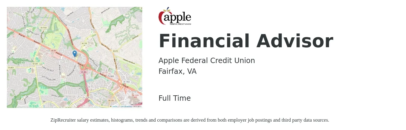 Apple Federal Credit Union job posting for a Financial Advisor in Fairfax, VA with a salary of $76,800 to $134,100 Yearly with a map of Fairfax location.