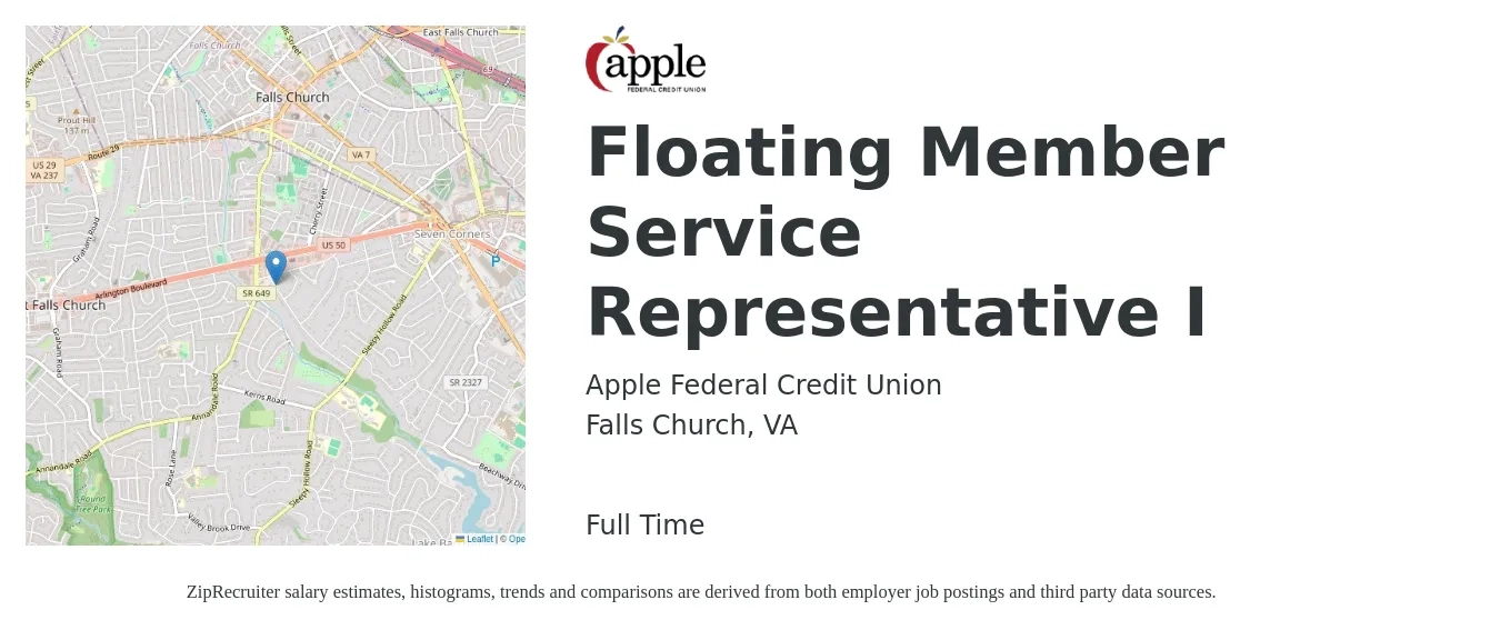 Apple Federal Credit Union job posting for a Floating Member Service Representative I in Falls Church, VA with a salary of $13 to $21 Hourly with a map of Falls Church location.