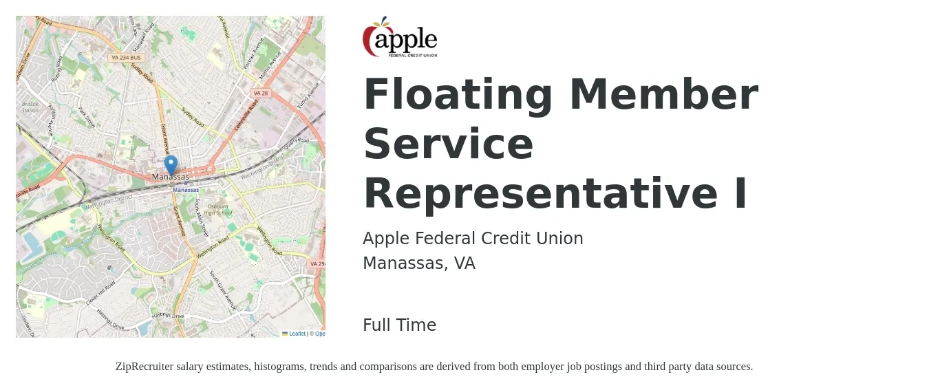 Apple Federal Credit Union job posting for a Floating Member Service Representative I in Manassas, VA with a salary of $12 to $20 Hourly with a map of Manassas location.