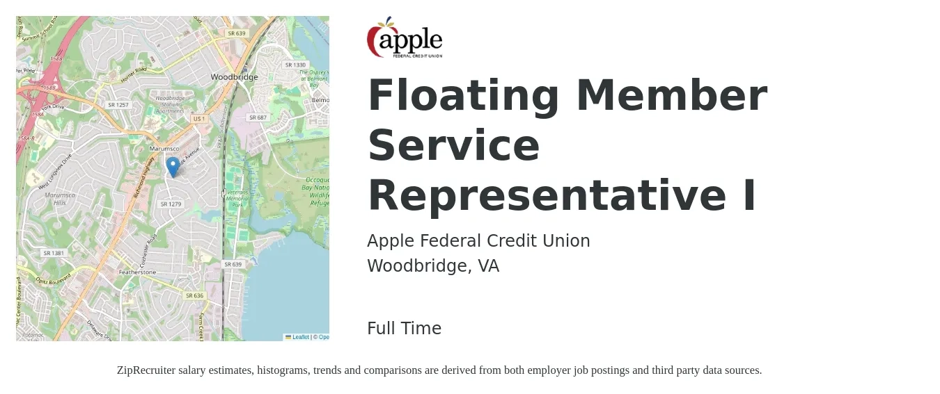 Apple Federal Credit Union job posting for a Floating Member Service Representative I in Woodbridge, VA with a salary of $12 to $20 Hourly with a map of Woodbridge location.
