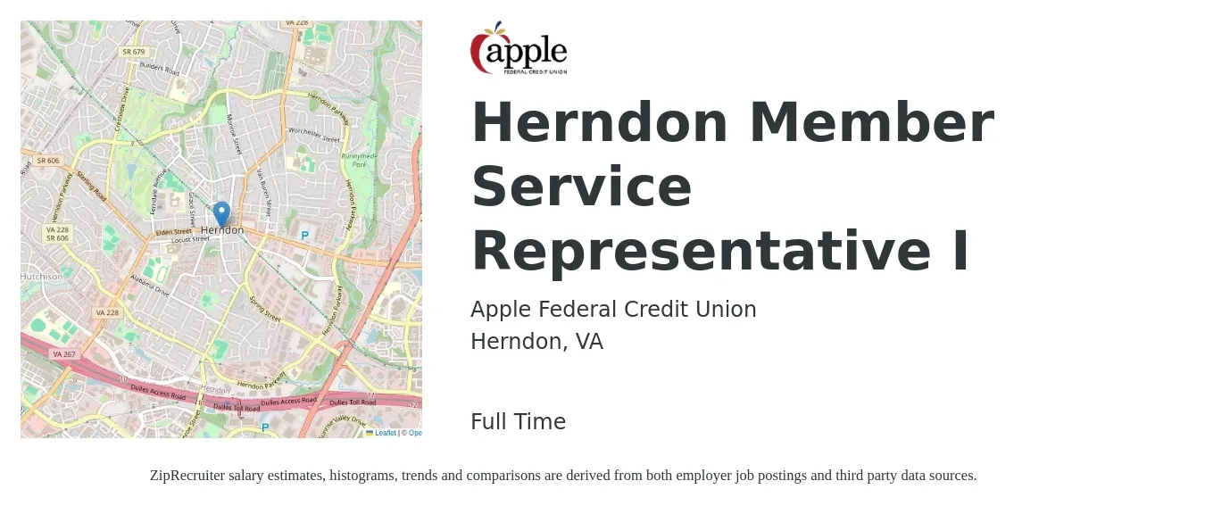 Apple Federal Credit Union job posting for a Herndon Member Service Representative I in Herndon, VA with a salary of $13 to $20 Hourly with a map of Herndon location.