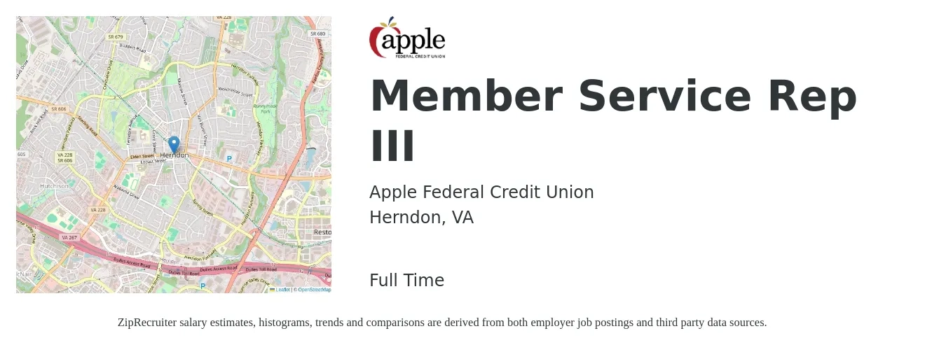 Apple Federal Credit Union job posting for a Member Service Rep III in Herndon, VA with a salary of $13 to $20 Hourly with a map of Herndon location.