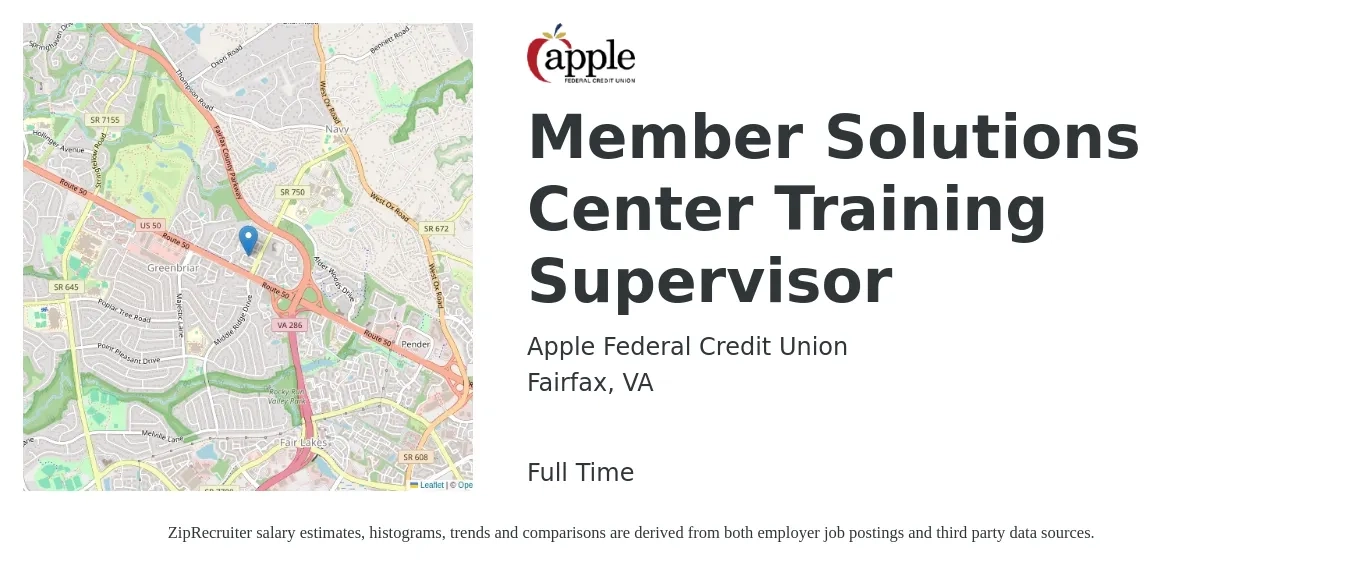 Apple Federal Credit Union job posting for a Member Solutions Center Training Supervisor in Fairfax, VA with a salary of $49,100 to $76,800 Yearly with a map of Fairfax location.