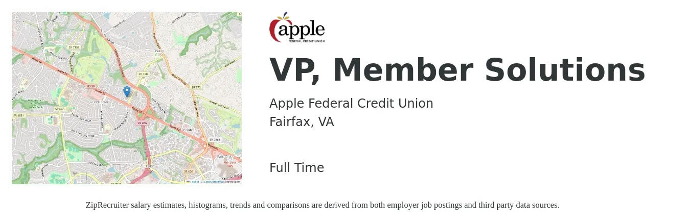 Apple Federal Credit Union job posting for a VP, Member Solutions in Fairfax, VA with a salary of $141,800 to $181,700 Yearly with a map of Fairfax location.
