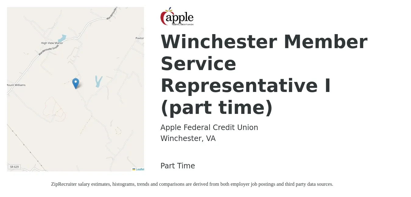 Apple Federal Credit Union job posting for a Winchester Member Service Representative I (part time) in Winchester, VA with a salary of $12 to $19 Hourly with a map of Winchester location.