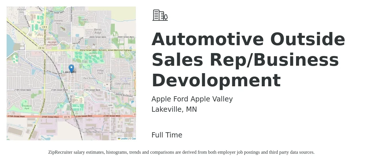 Apple Ford Apple Valley job posting for a Automotive Outside Sales Rep/Business Devolopment in Lakeville, MN with a salary of $54,400 to $93,200 Yearly with a map of Lakeville location.