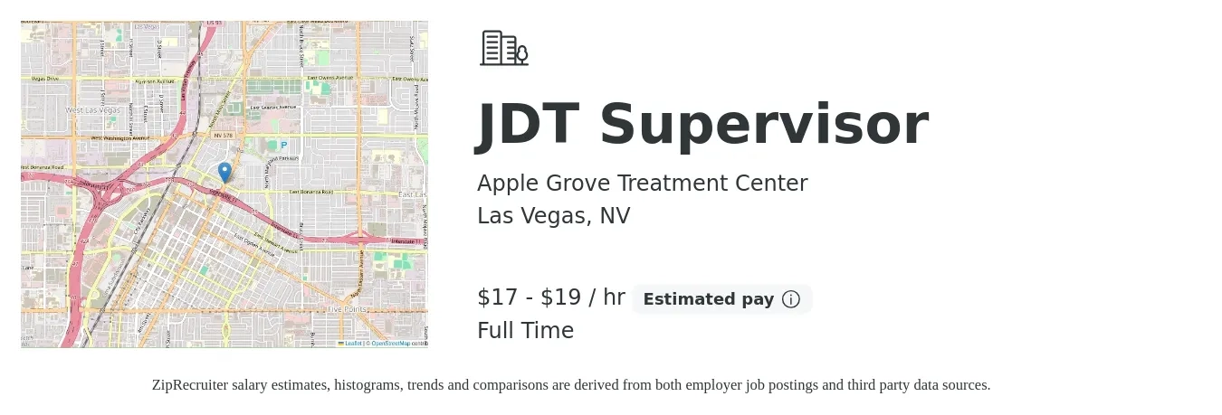 Apple Grove Treatment Center job posting for a JDT Supervisor in Las Vegas, NV with a salary of $18 to $20 Hourly with a map of Las Vegas location.