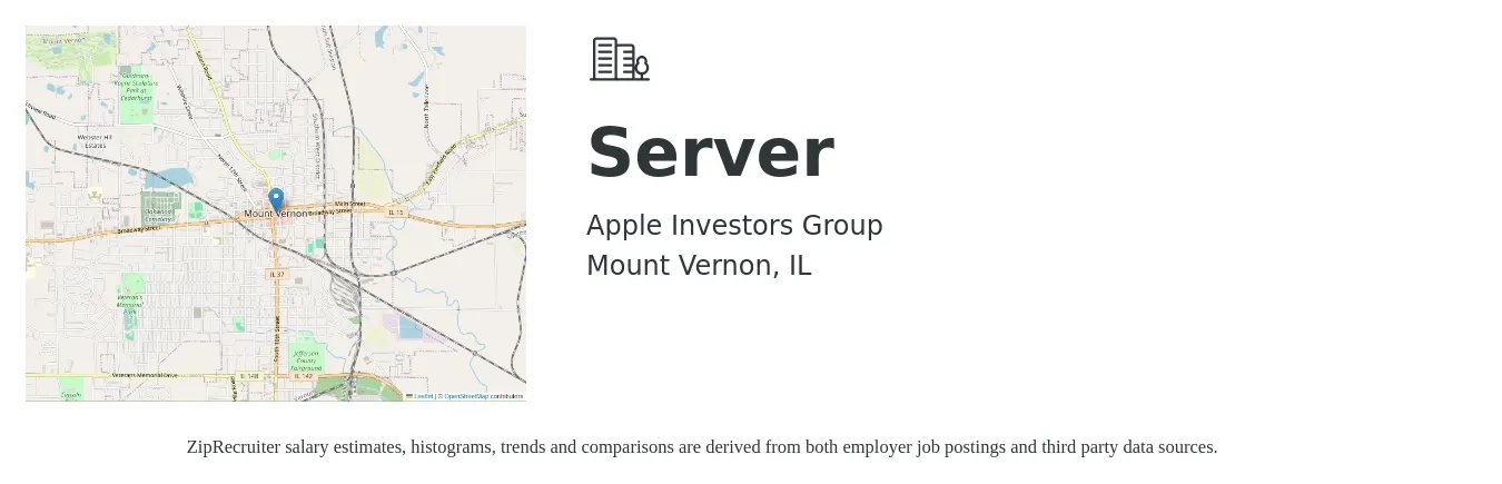 Apple Investors Group job posting for a Server in Mount Vernon, IL with a salary of $10 to $17 Hourly with a map of Mount Vernon location.