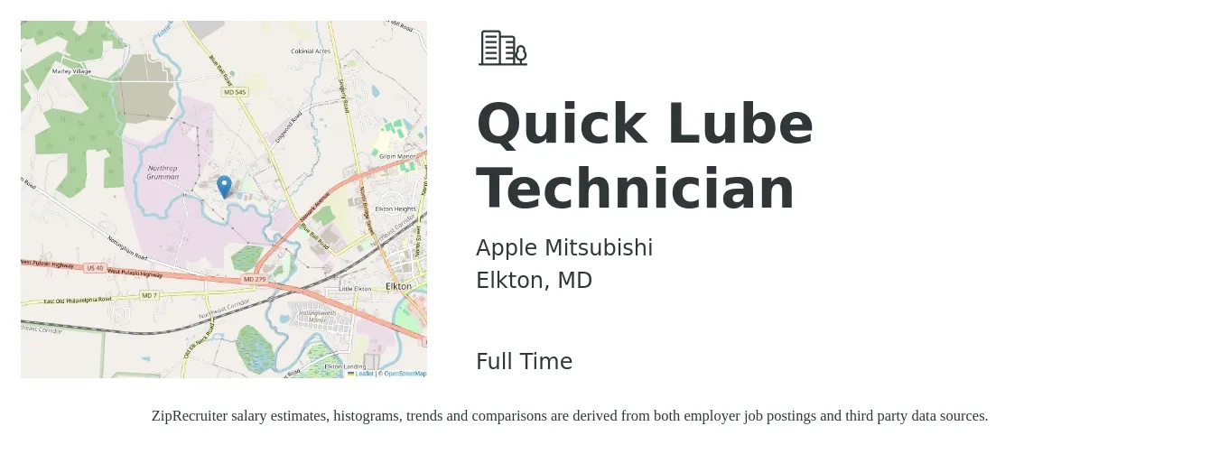 Apple Mitsubishi job posting for a Quick Lube Technician in Elkton, MD with a salary of $14 to $19 Hourly with a map of Elkton location.
